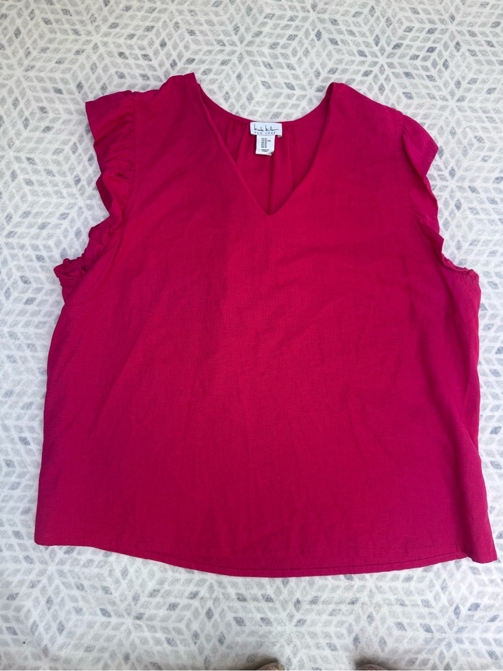 Nicole Miller New York Pink Linen Blend Ruffle Sleeve V-Neck Blouse XL Vacation - Picture 3 of 10